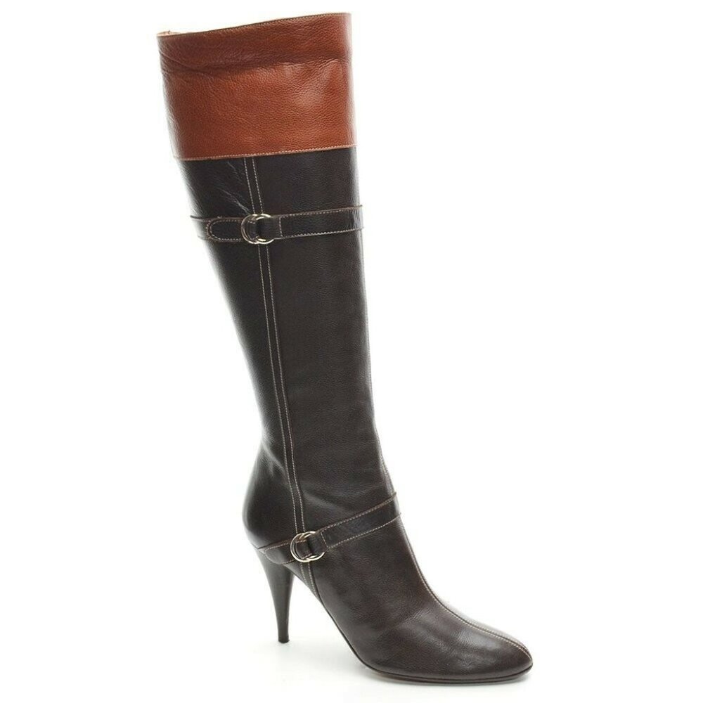 Cole Haan Two-Tone Brown and Cognac Leather Knee-High Heeled Boots